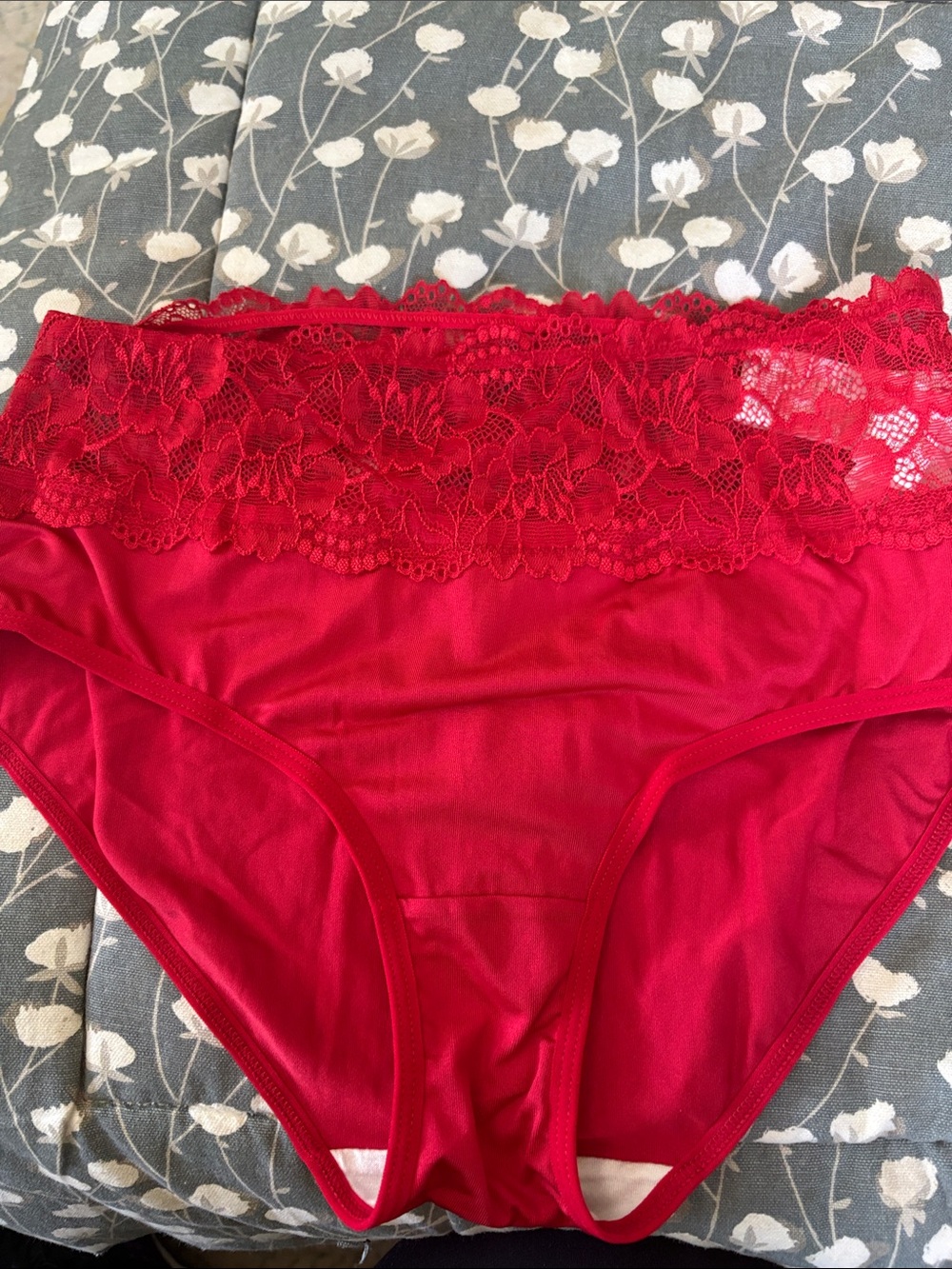 Lace-Trim High-Waist Bikini Panty - Red